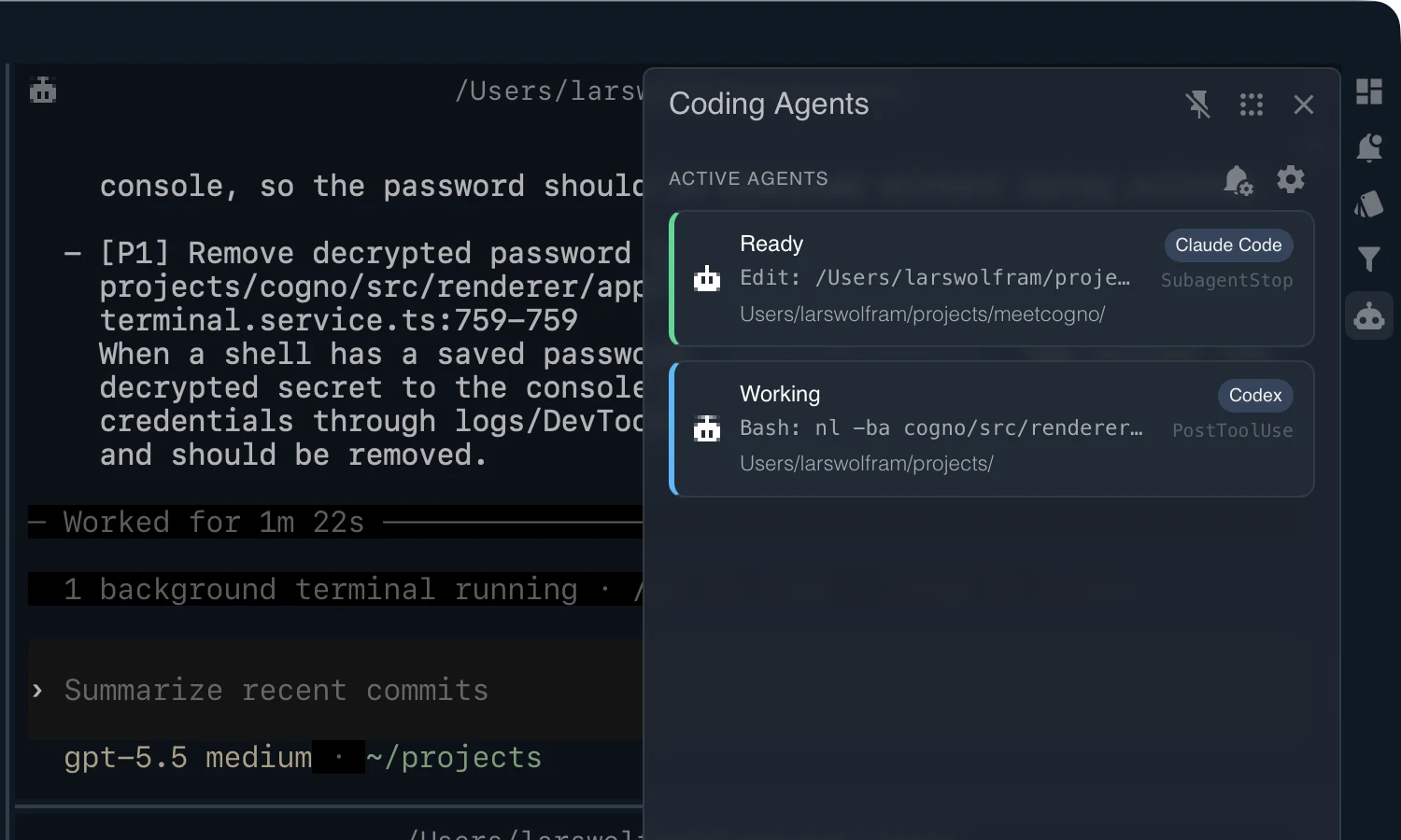 Cogno dashboard showing the status of multiple terminal tabs and agents