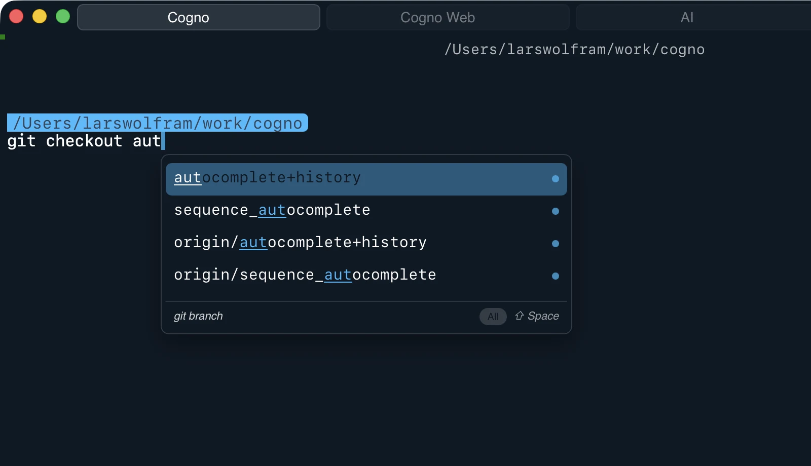Cogno autocomplete suggestions focused next to the command line