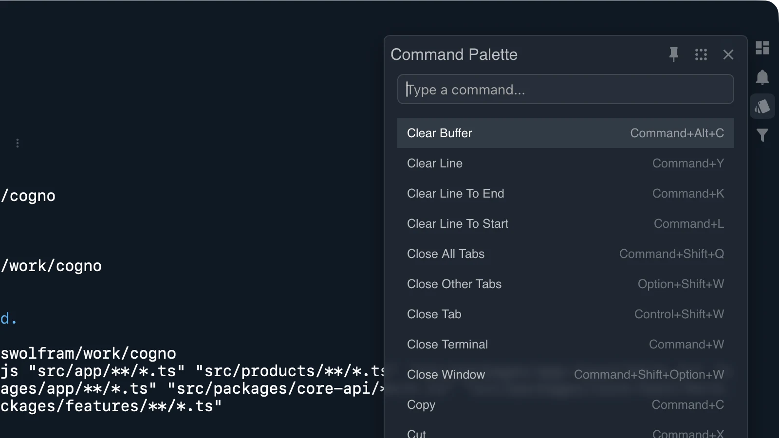 Cogno command palette opened over the terminal
