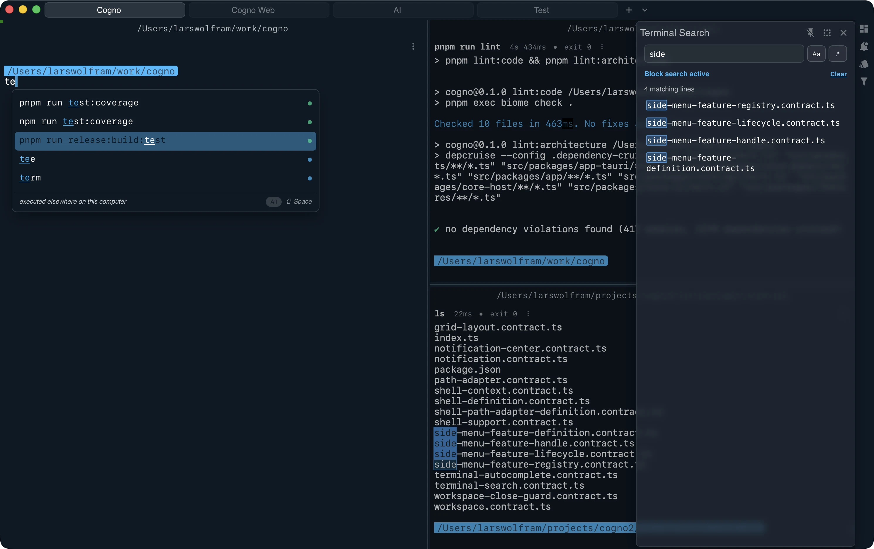 Cogno terminal with workspace panes, command output, and highlighted workflow context