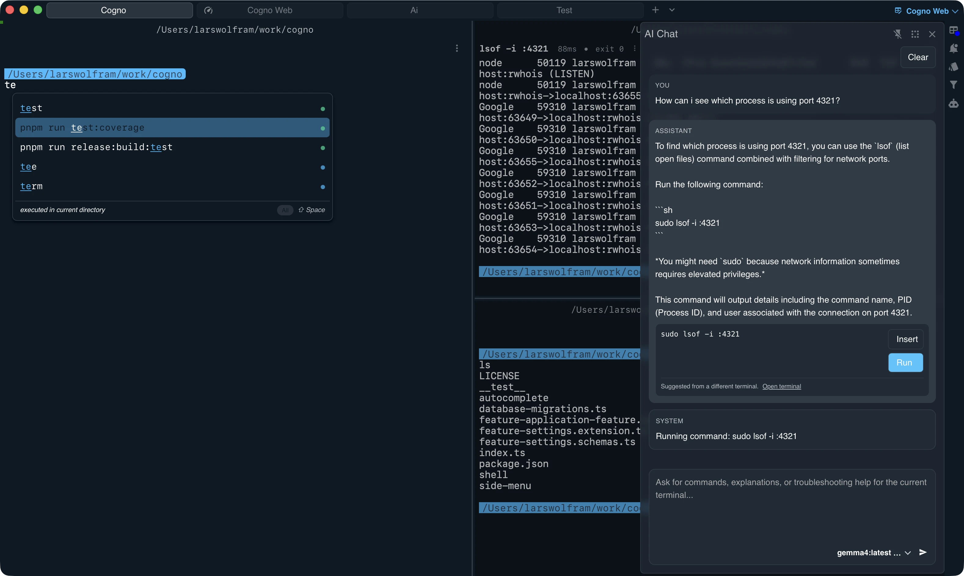 Cogno terminal with workspace panes, command output, and highlighted workflow context