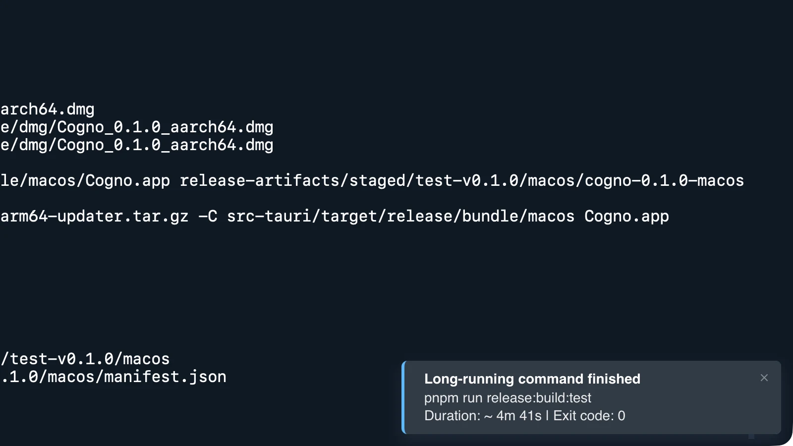 Cogno notification focused in the lower right of the terminal window