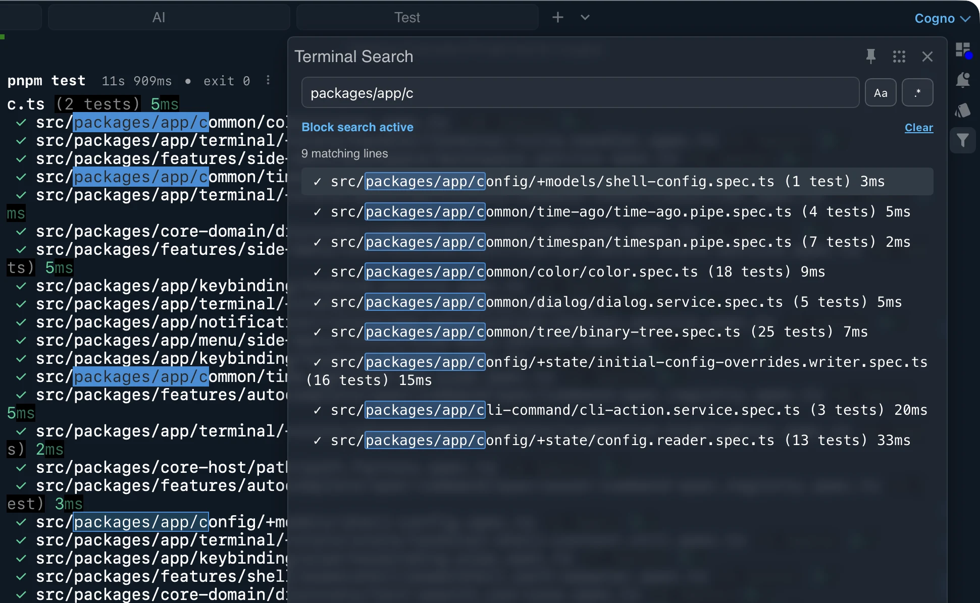 Cogno search and filtering focused on the right side of the terminal window