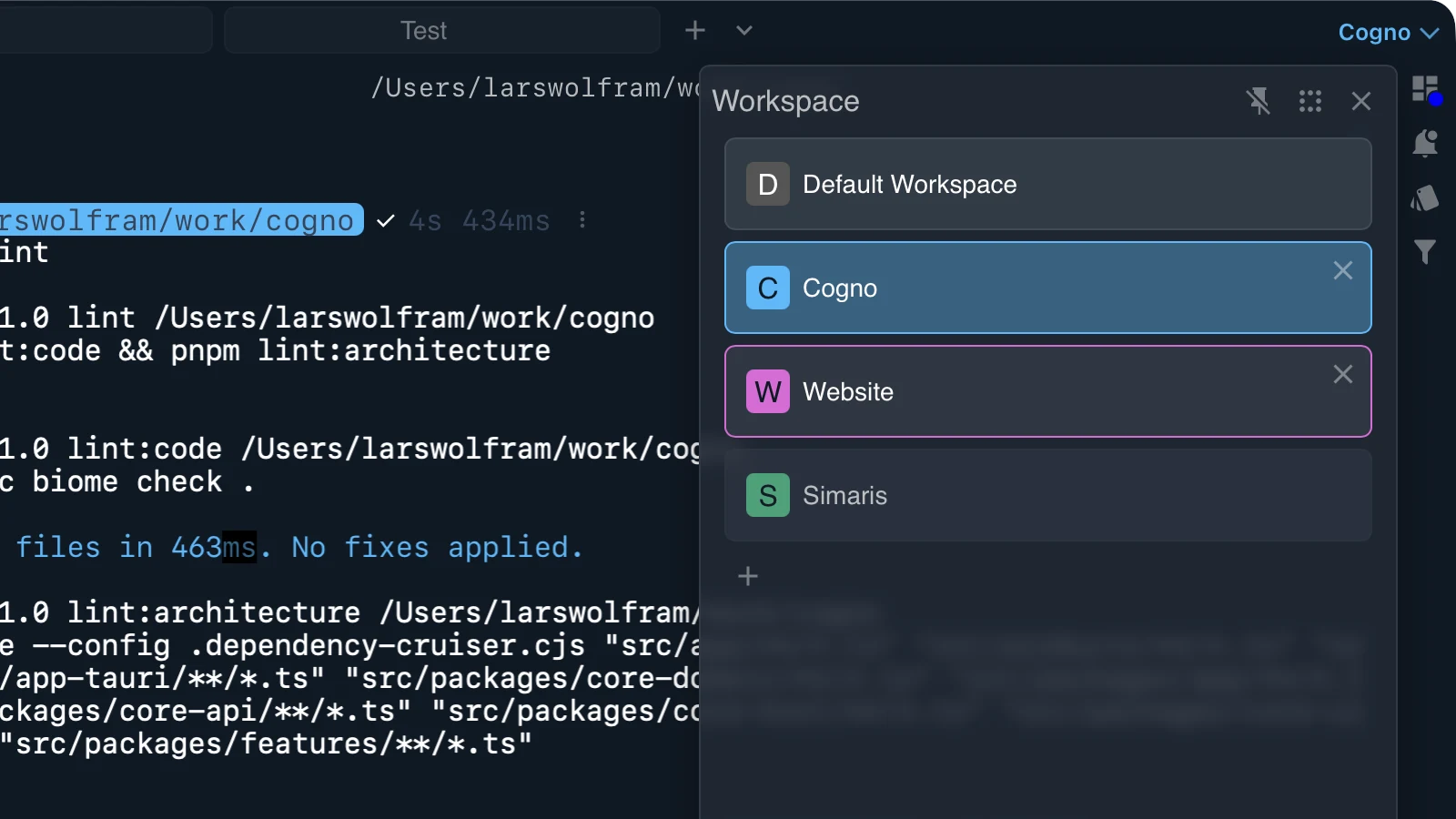 Cogno workspace layout focused on the right side of the terminal window